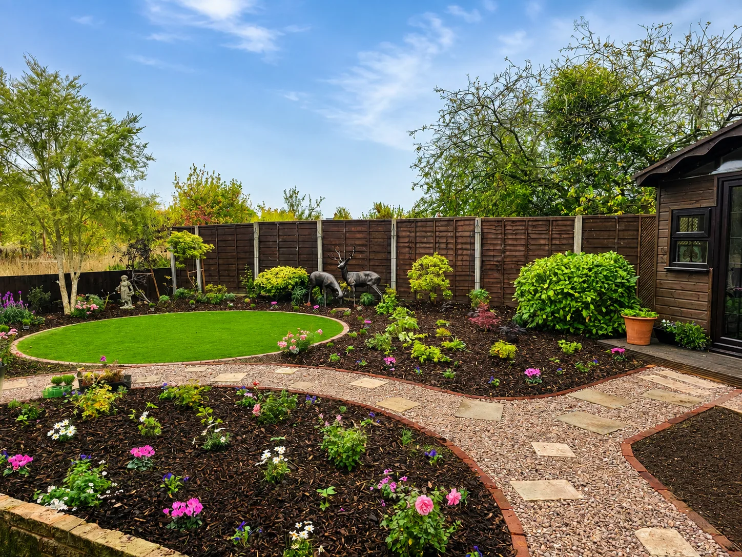 Finished garden with curved gravel paths, a circular lawn and new planting