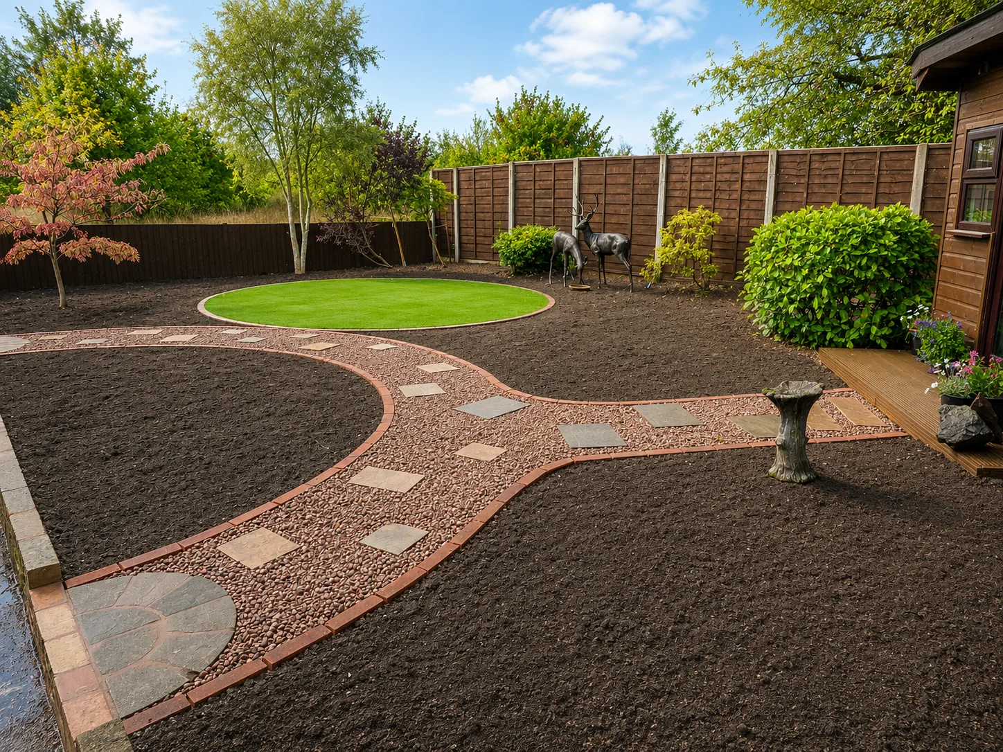 Garden transformation in progress with shaped paths, prepared beds and new lawn