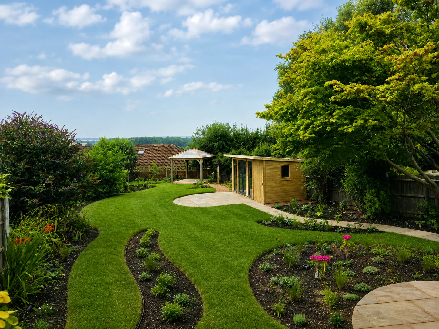 Finished landscaped garden with a curved lawn, planted beds and timber garden building
