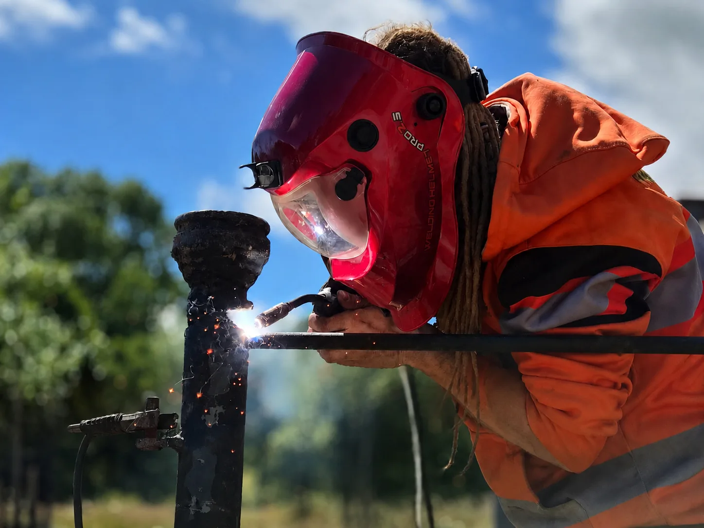 Skilled on-site welding of a steel post and rail in Herefordshire